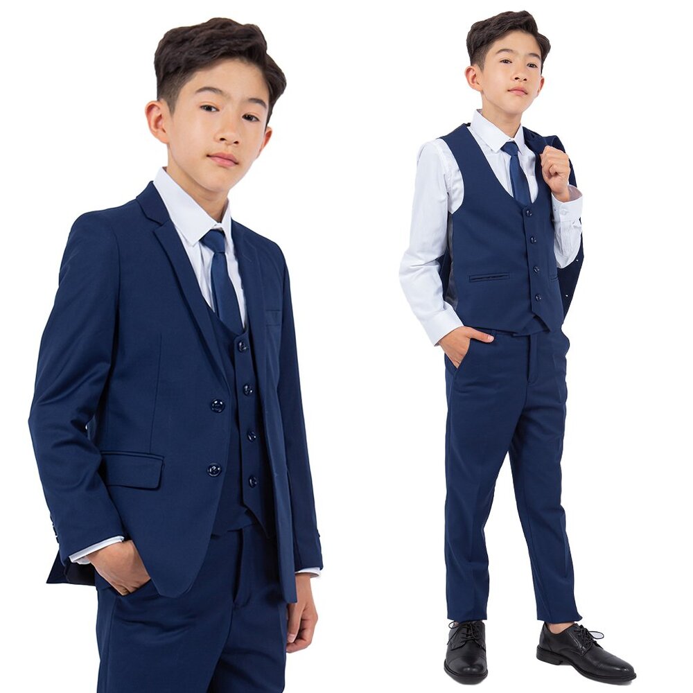 5-Piece Perry Ellis Portfolio Boys Slim Fit Solid Suit, Cobalt